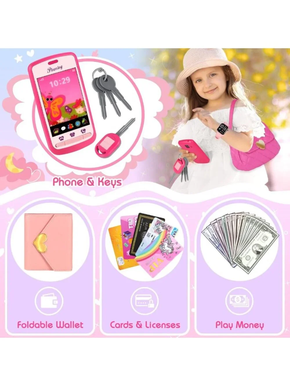 Toddler Purse with Watch & Phone - Pretend Play Set for Girls 3-12, Dress Up